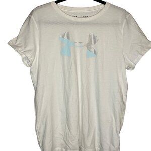Under Armour XL Woman's White T-Shirt Blue and Silver Logo (017)